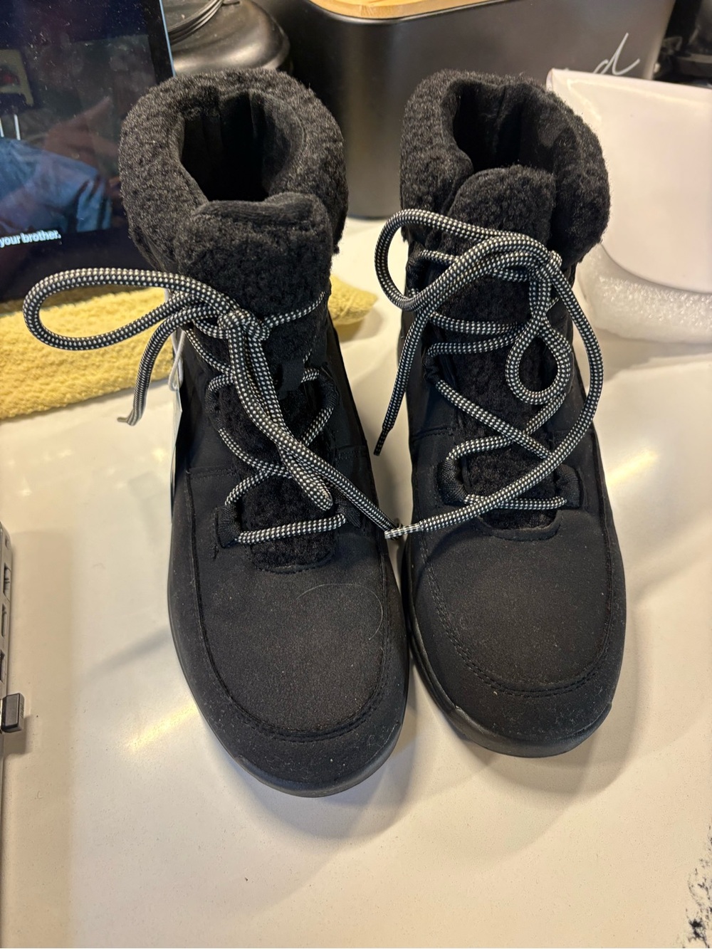 JBU Black Lace-Up Faux-Sherpa Ankle Booties